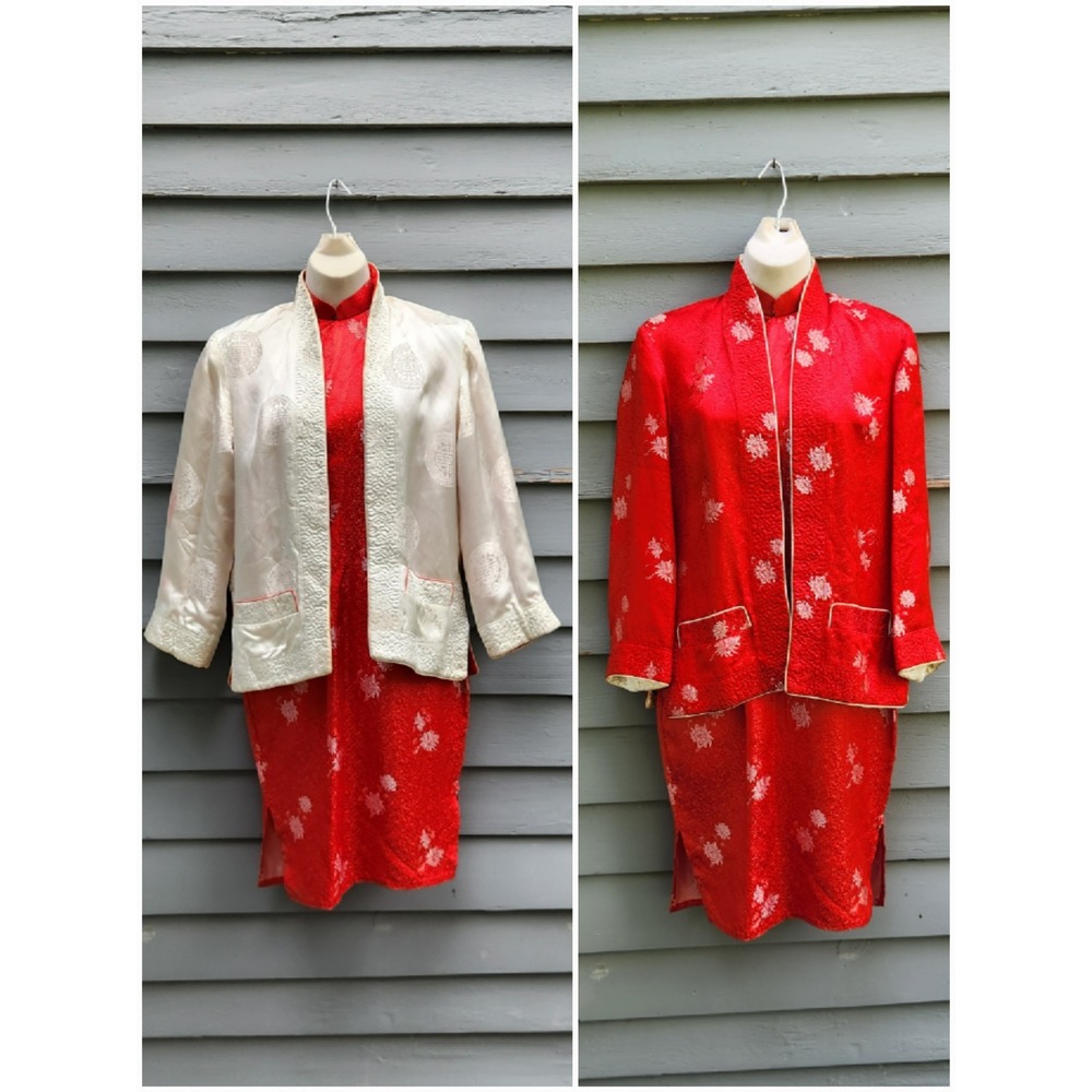 Vintage Silk Brocade Cheongsam Qipao Dress & Jacket Set Red White Small